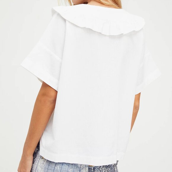 [Free People] The Simple Pleasures Cotton Linen Blend Ruffle Collar Top Small - Picture 2 of 9
